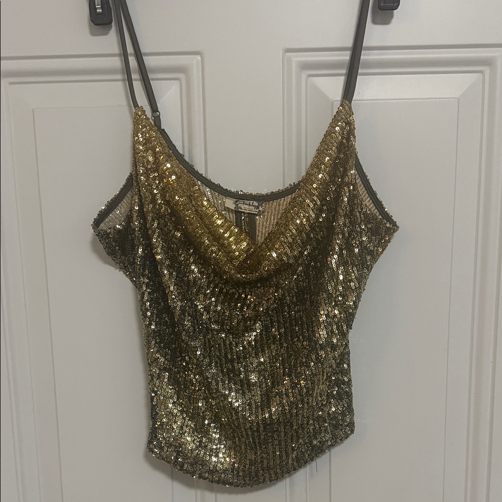 Free People Gold & Gun Metal Sequin Cowl Neck Top